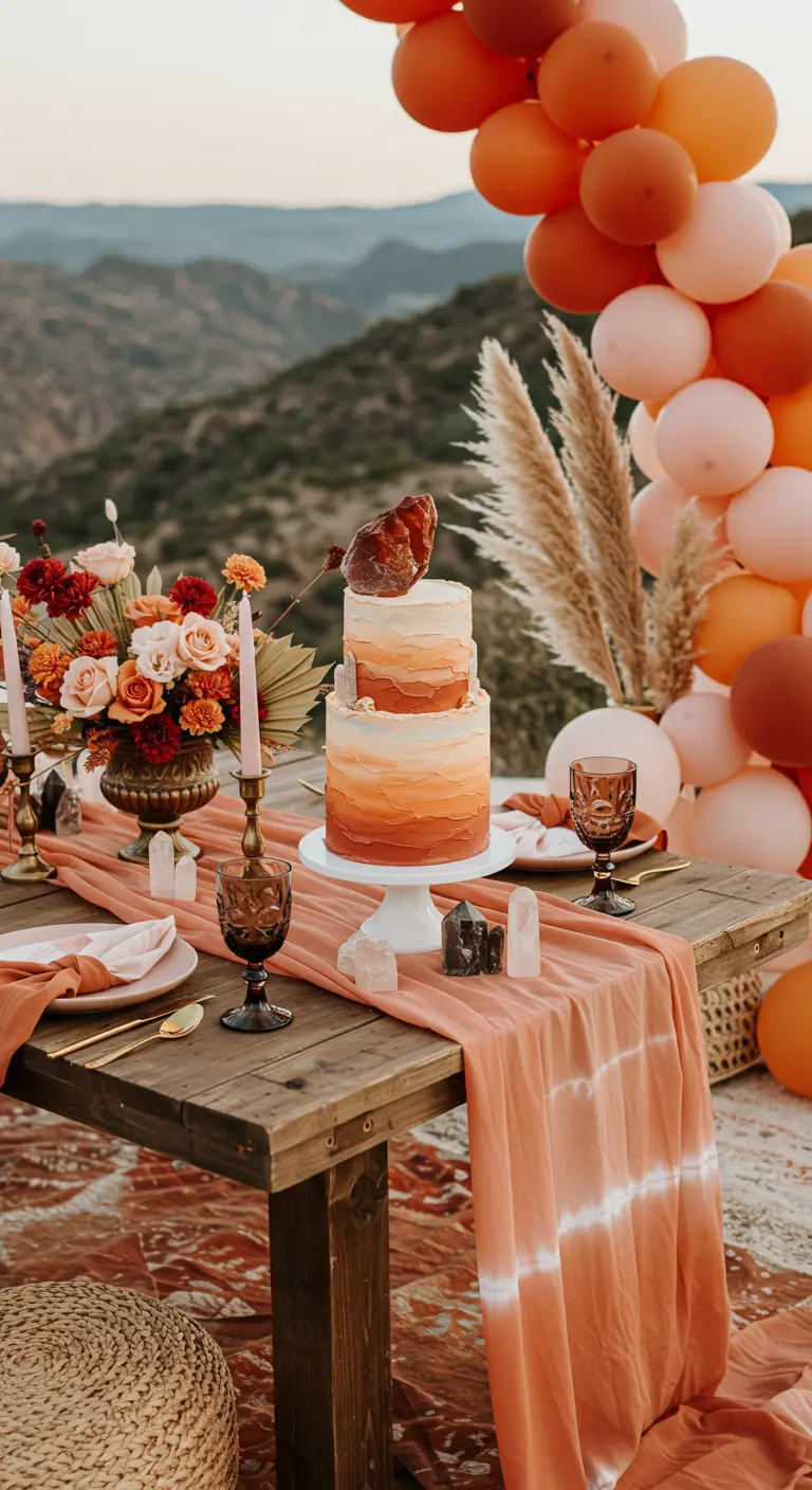 Table de fête en extérieur avec un dégradé de couleurs terracotta et des cristaux décoratifs.