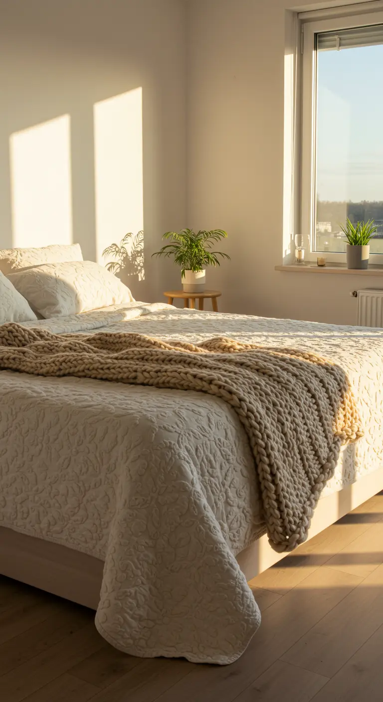 Lit avec plaid en grosse maille baigné dans la lumière chaude du soleil couchant.