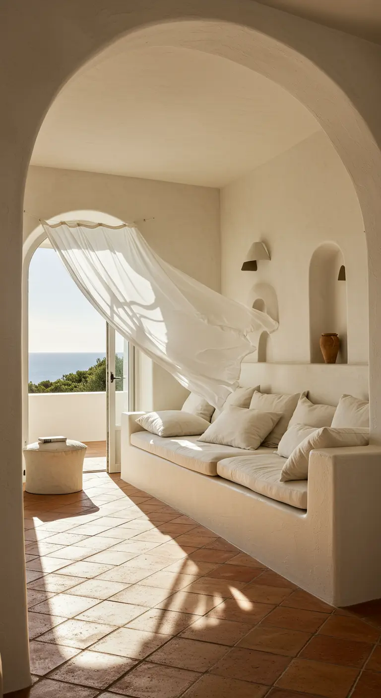 Intérieur de style méditerranéen avec banquette maçonnée et rideau flottant