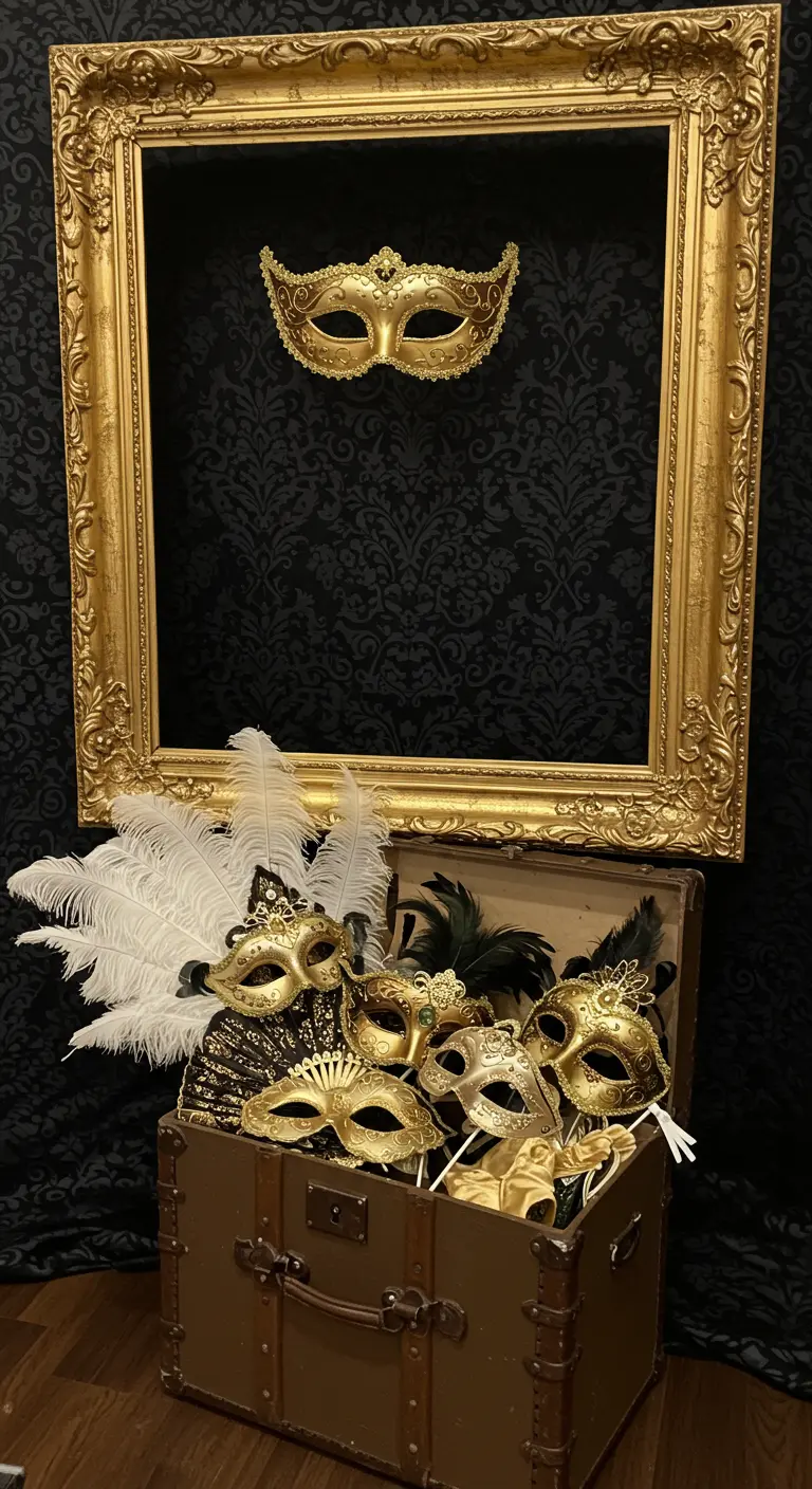 Coin photobooth avec un grand cadre doré, un coffre rempli de masques et de plumes.