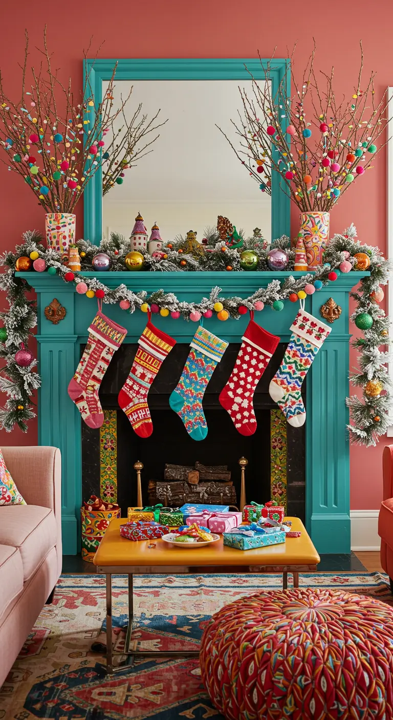 Cheminée turquoise avec des chaussettes et des pompons multicolores.