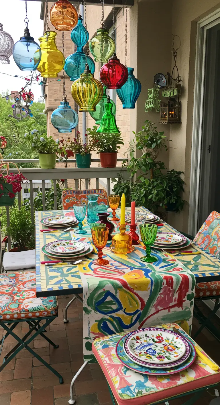 Balcon éclectique avec une accumulation de suspensions en verre coloré et une table très vive