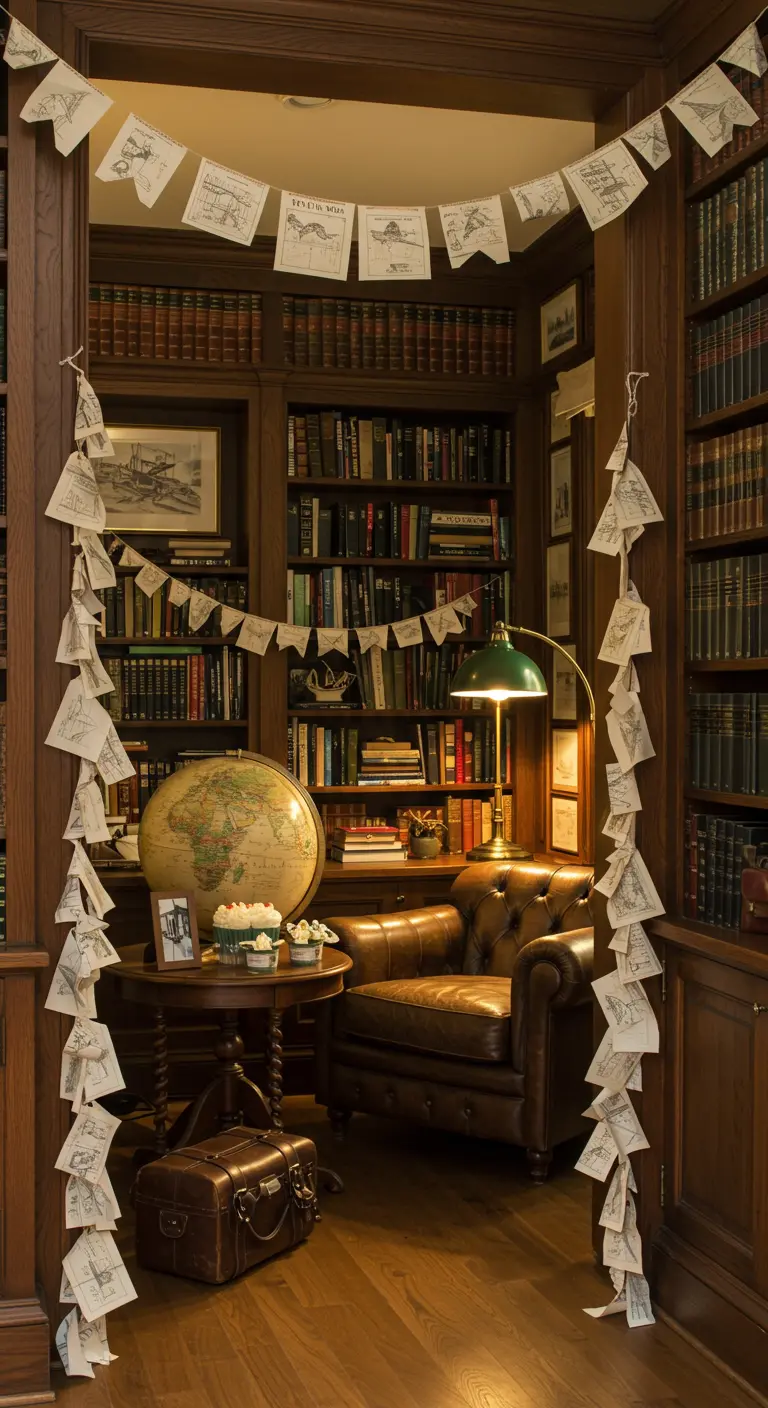Guirlande faite de morceaux de vieilles cartes suspendue dans une bibliothèque lambrissée.