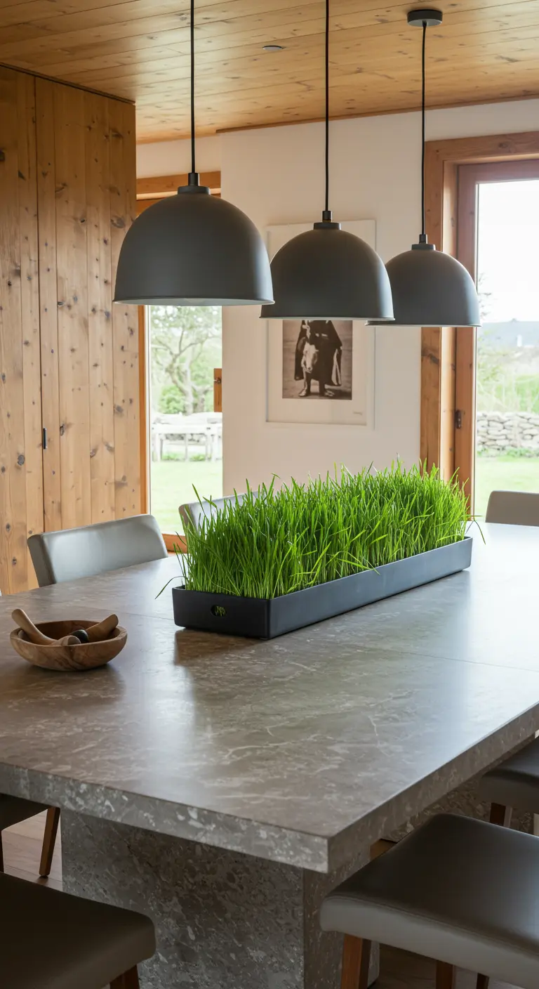 Un long bac noir rempli d'herbe de blé fraîche et verte sur une table en béton.