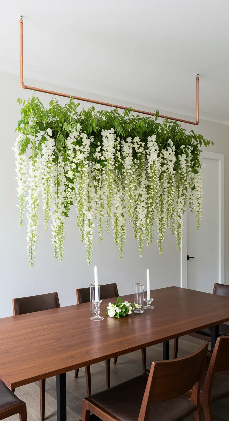 Une structure rectangulaire en cuivre d'où tombe une cascade de fleurs de glycine blanches.