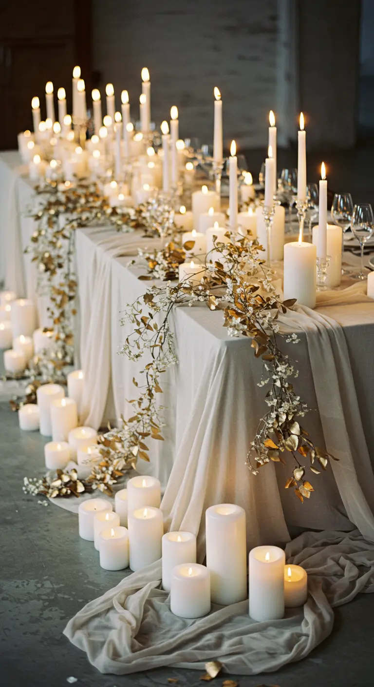 Table de fête avec une cascade de bougies blanches et une guirlande dorée.