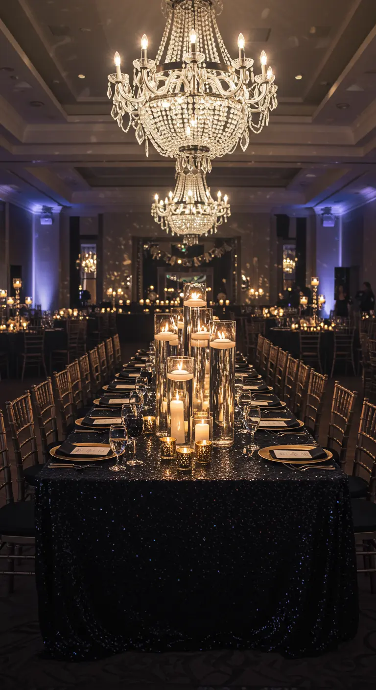 Table de réception luxueuse avec un centre de table de bougies flottantes dans des vases hauts.