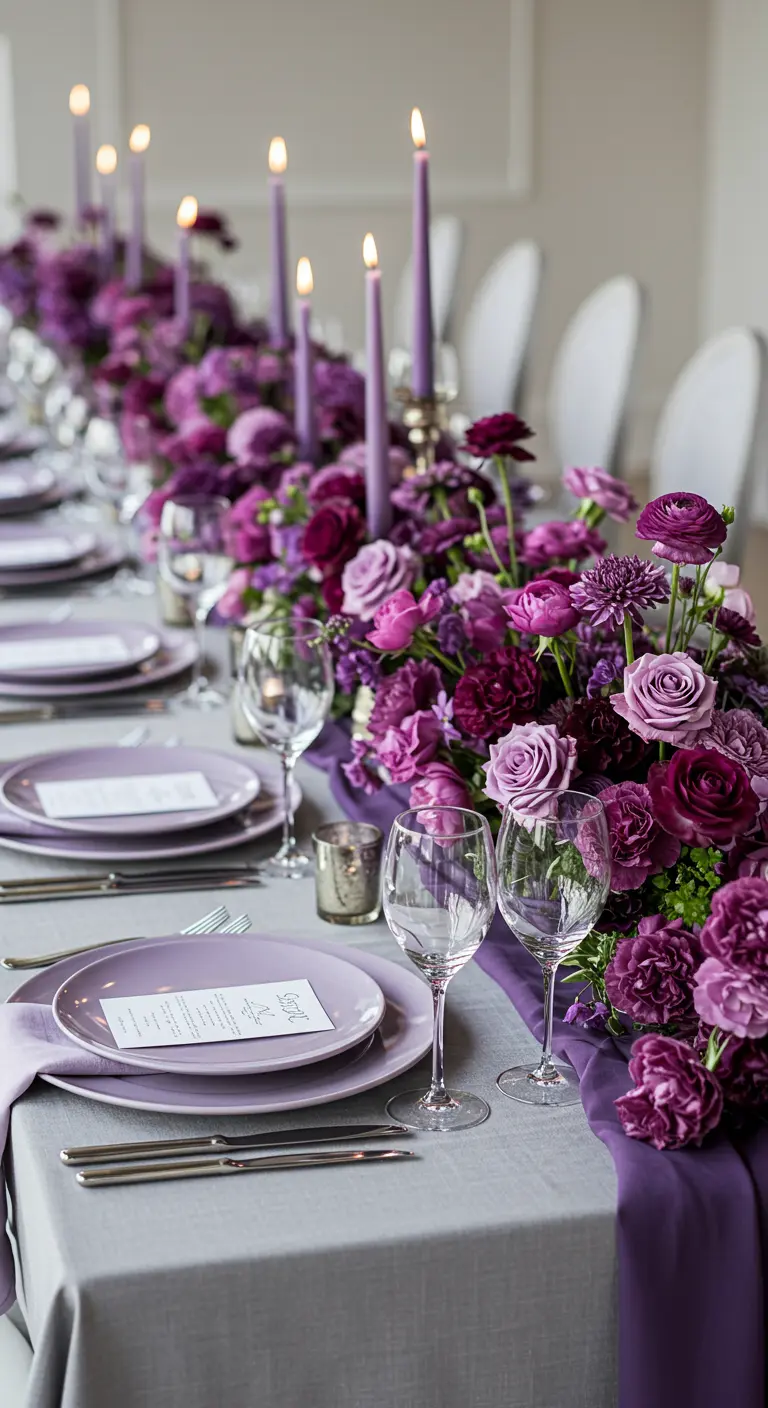 Table de réception élégante avec un dégradé de fleurs et de vaisselle violettes.