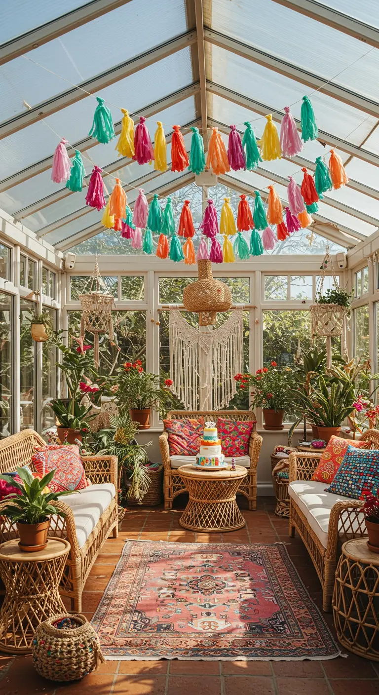 Guirlande de pompons multicolores suspendue au plafond d'une véranda de style bohème.
