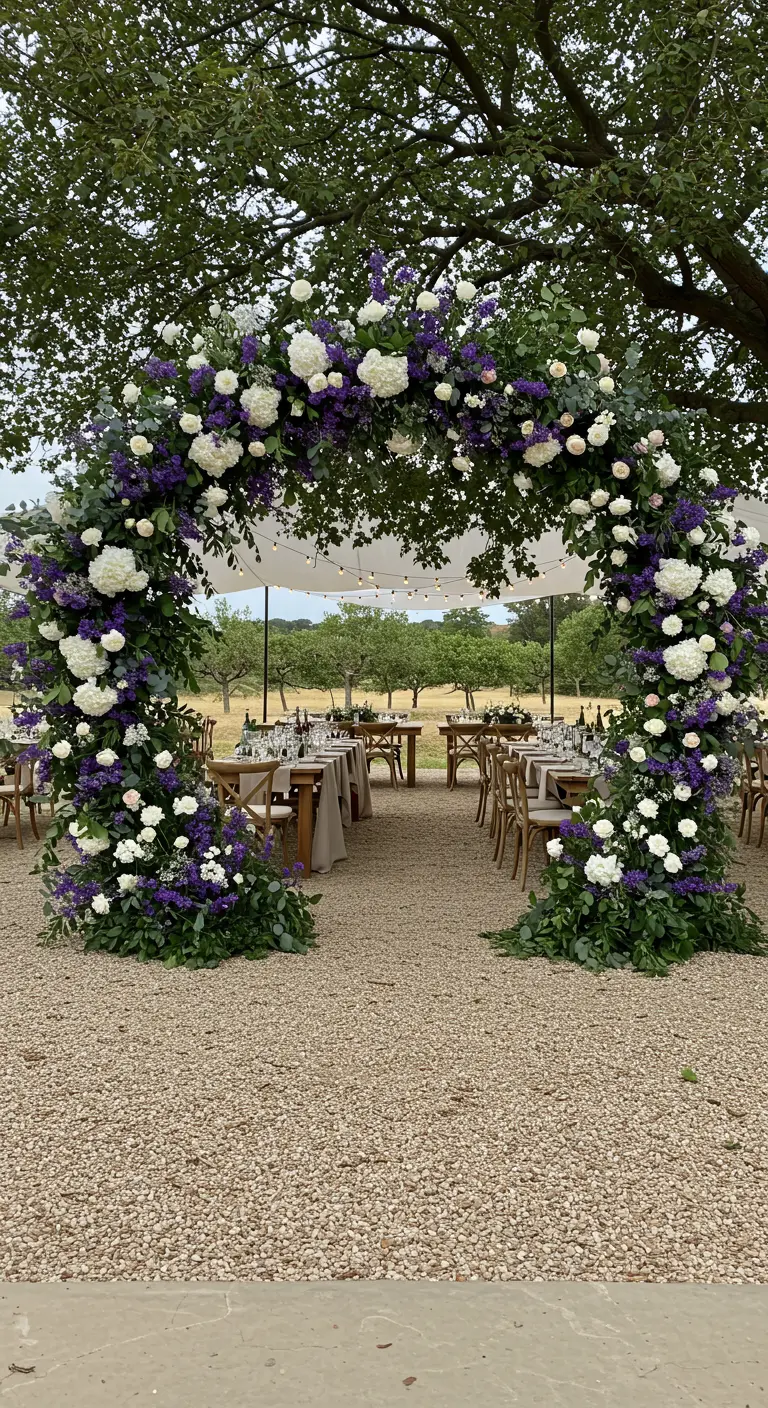 Arche florale luxuriante, ronde, avec des fleurs violettes et blanches à l'entrée d'un dîner.