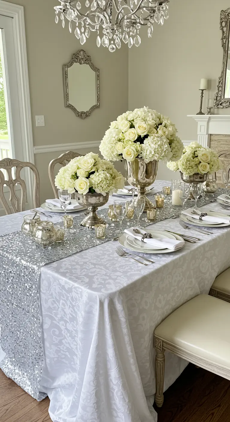 Table de salle à manger classique avec nappe blanche, chemin de table argenté et bouquets de roses.