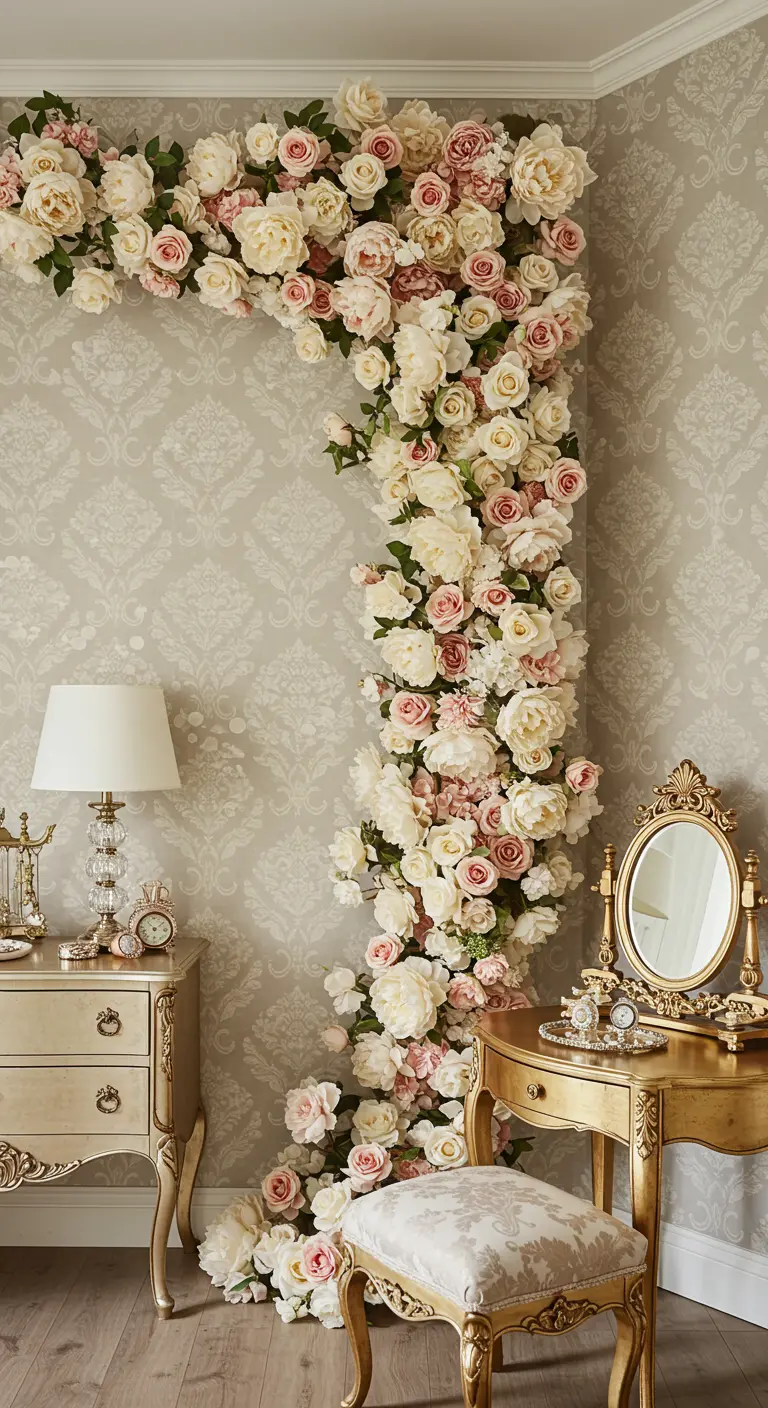 Une cascade de roses artificielles roses et blanches dans le coin d'une pièce.