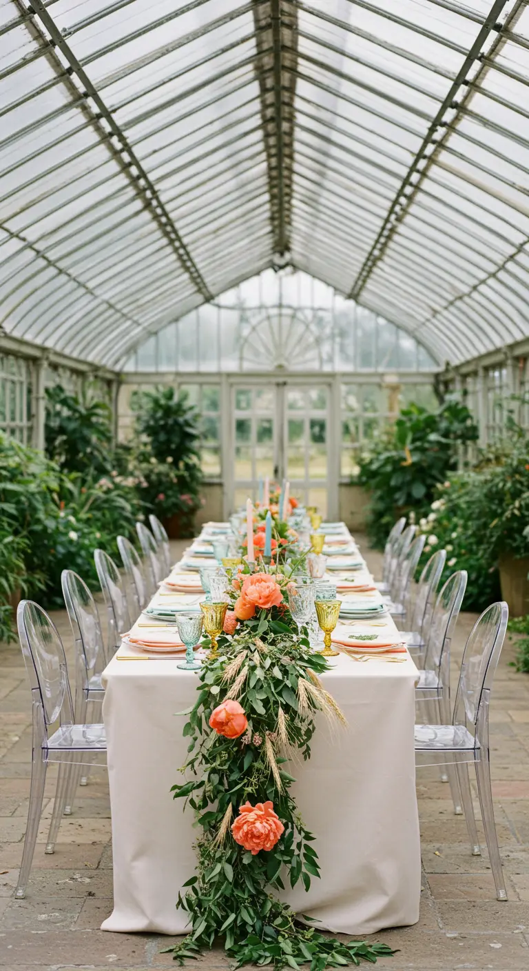 Longue table dans une serre avec une guirlande florale corail.