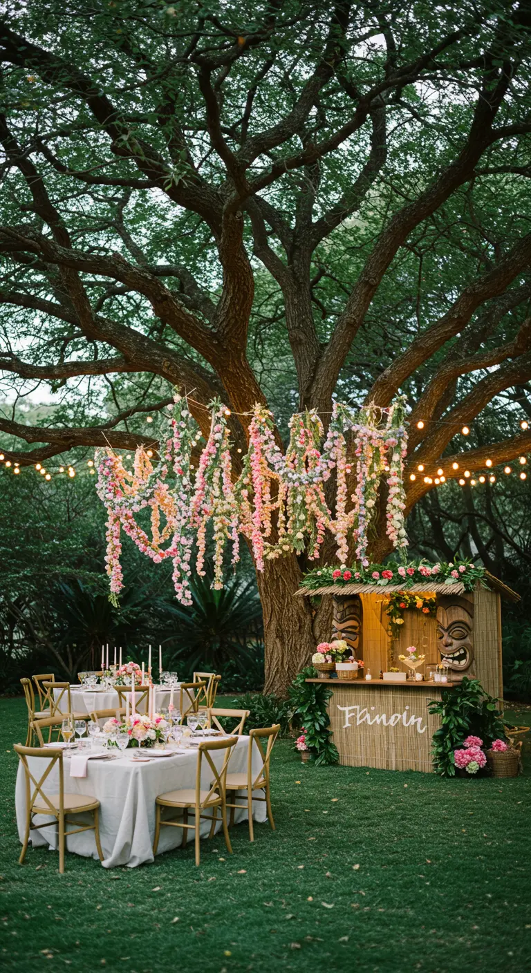Tiki bar élégant sous un grand arbre, décoré de cascades de fleurs roses et de lumières.