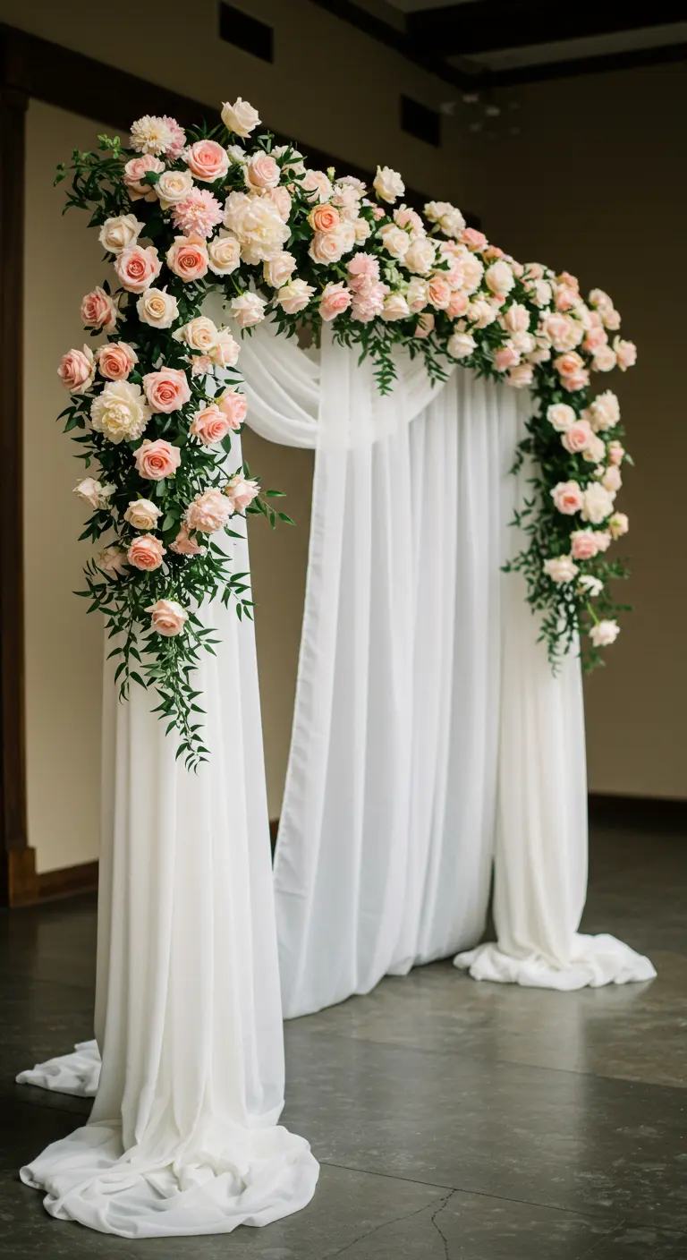 Arche de mariage classique drapée de blanc avec une cascade de roses.