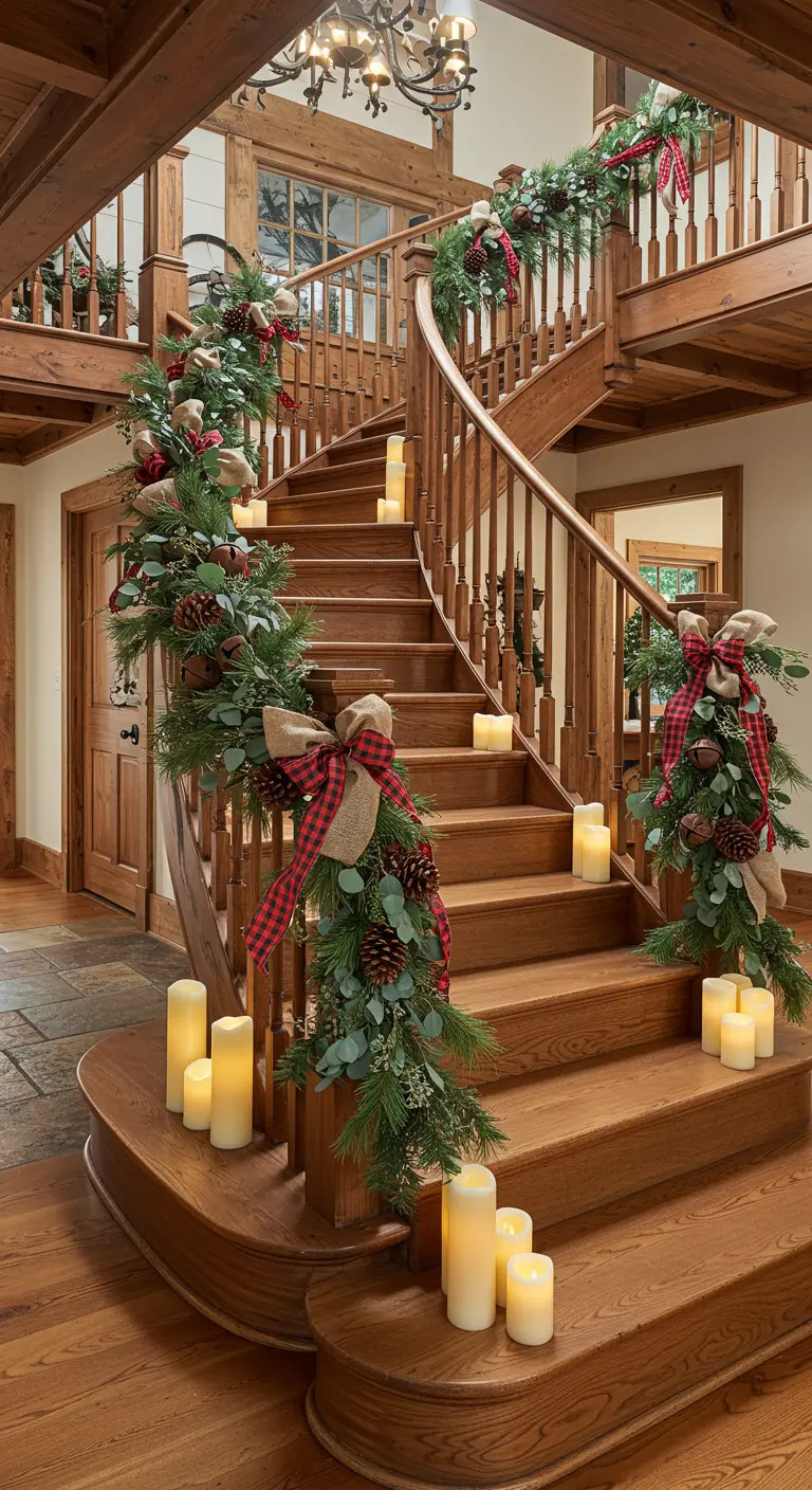 Escalier en bois courbe décoré d'une opulente guirlande de sapin, nœuds à carreaux et bougies LED.