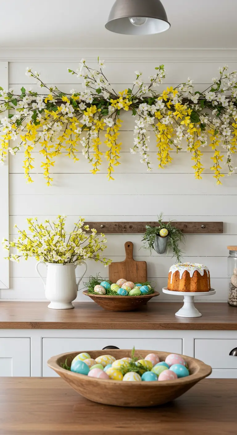 Guirlande de forsythia jaune et de fleurs de cerisier blanches au-dessus d'un comptoir.