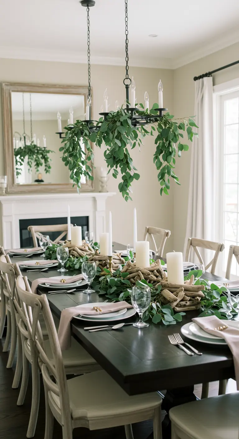 Table de fête élégante avec une immense guirlande d'eucalyptus et de bois flotté.