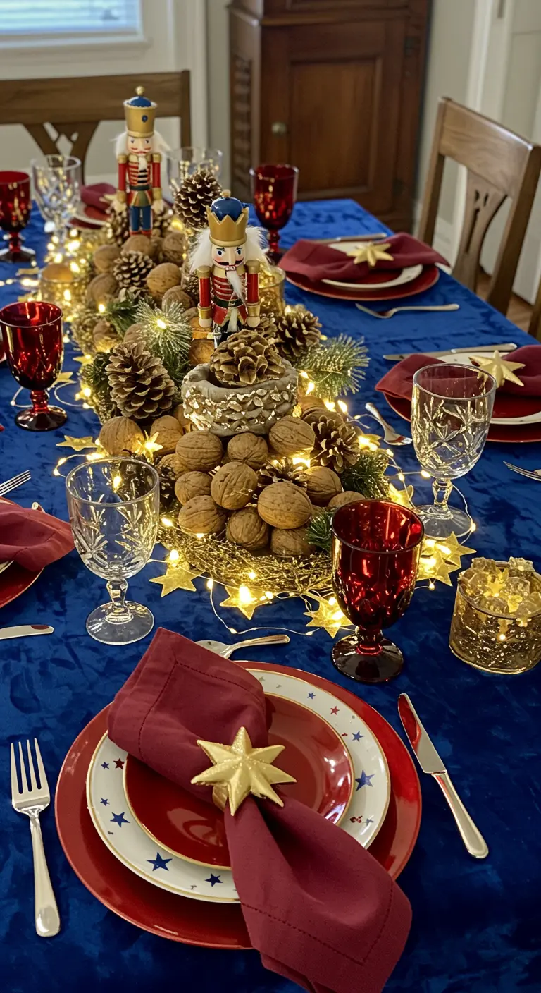 Table de fête sur le thème de Casse-Noisette avec des figurines et des noix.