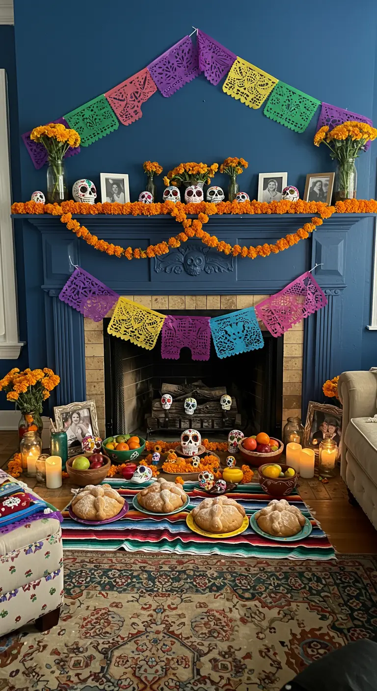 Autel du Jour des Morts (Día de los Muertos) coloré sur une cheminée bleue.