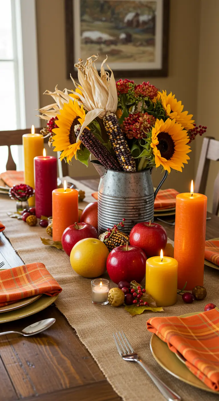 Centre de table coloré avec des tournesols, des pommes et des bougies de couleurs vives.