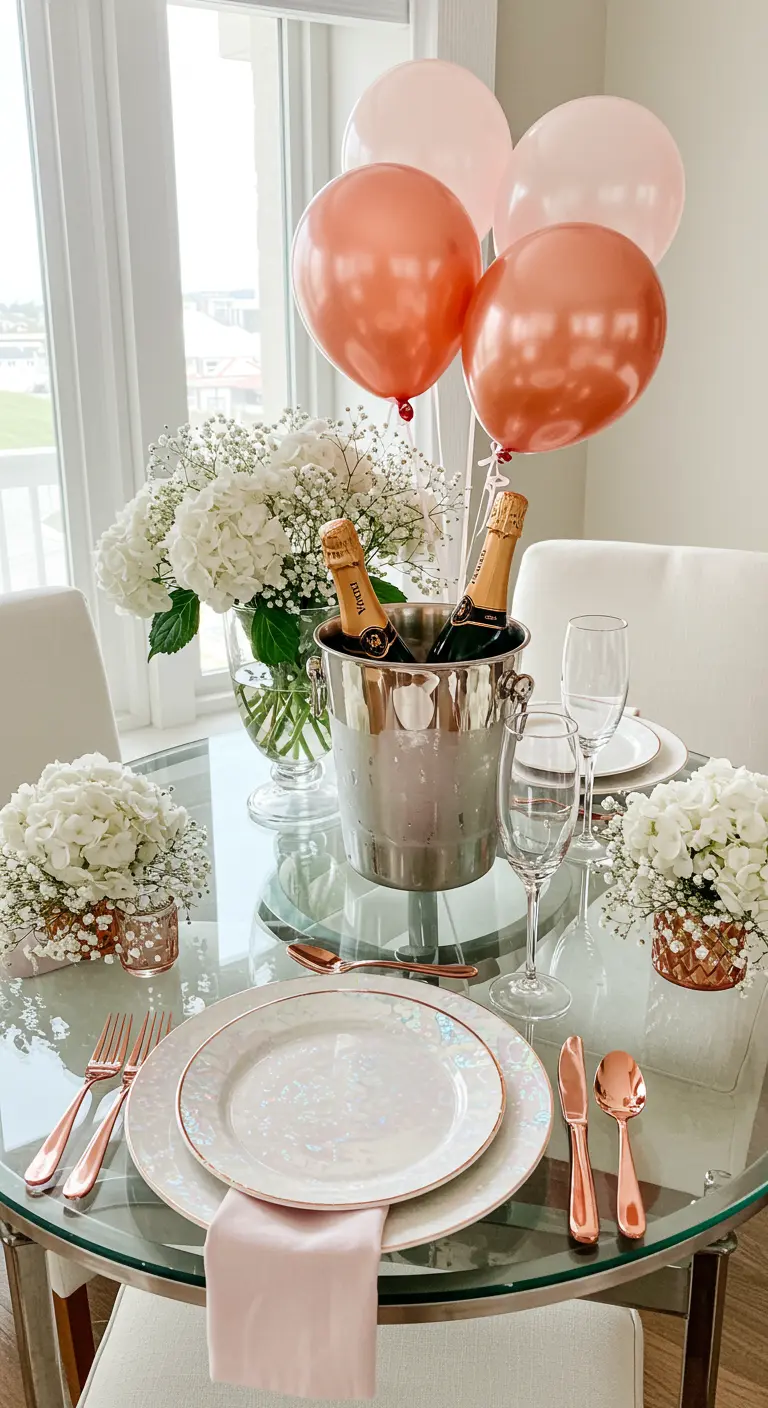 Table de fête élégante avec du champagne, de la vaisselle nacrée et des ballons rose gold.