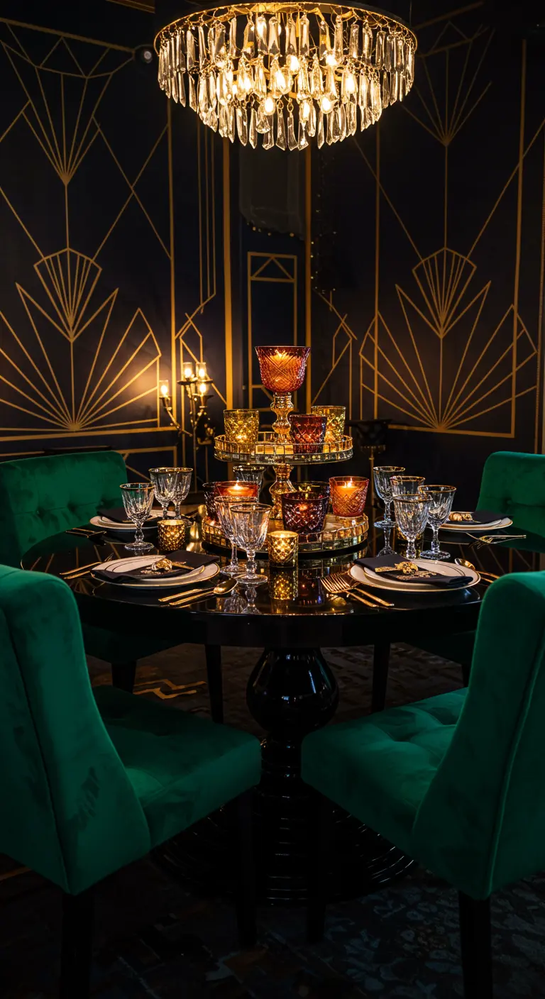 Table ronde Art Déco avec un centre de table à étages de bougies flottantes colorées.