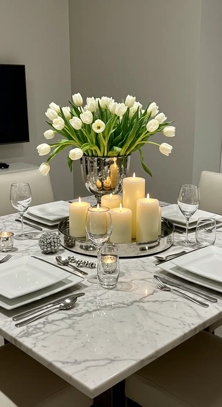 Centre de table sur plateau argenté avec tulipes blanches et grosses bougies sur une table en marbre.