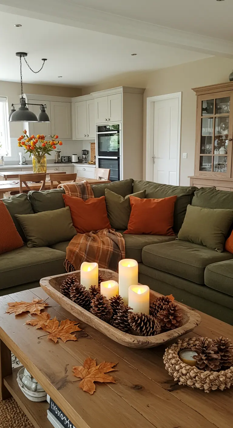 Centre de table automnal avec bougies LED, pommes de pin et feuilles mortes.