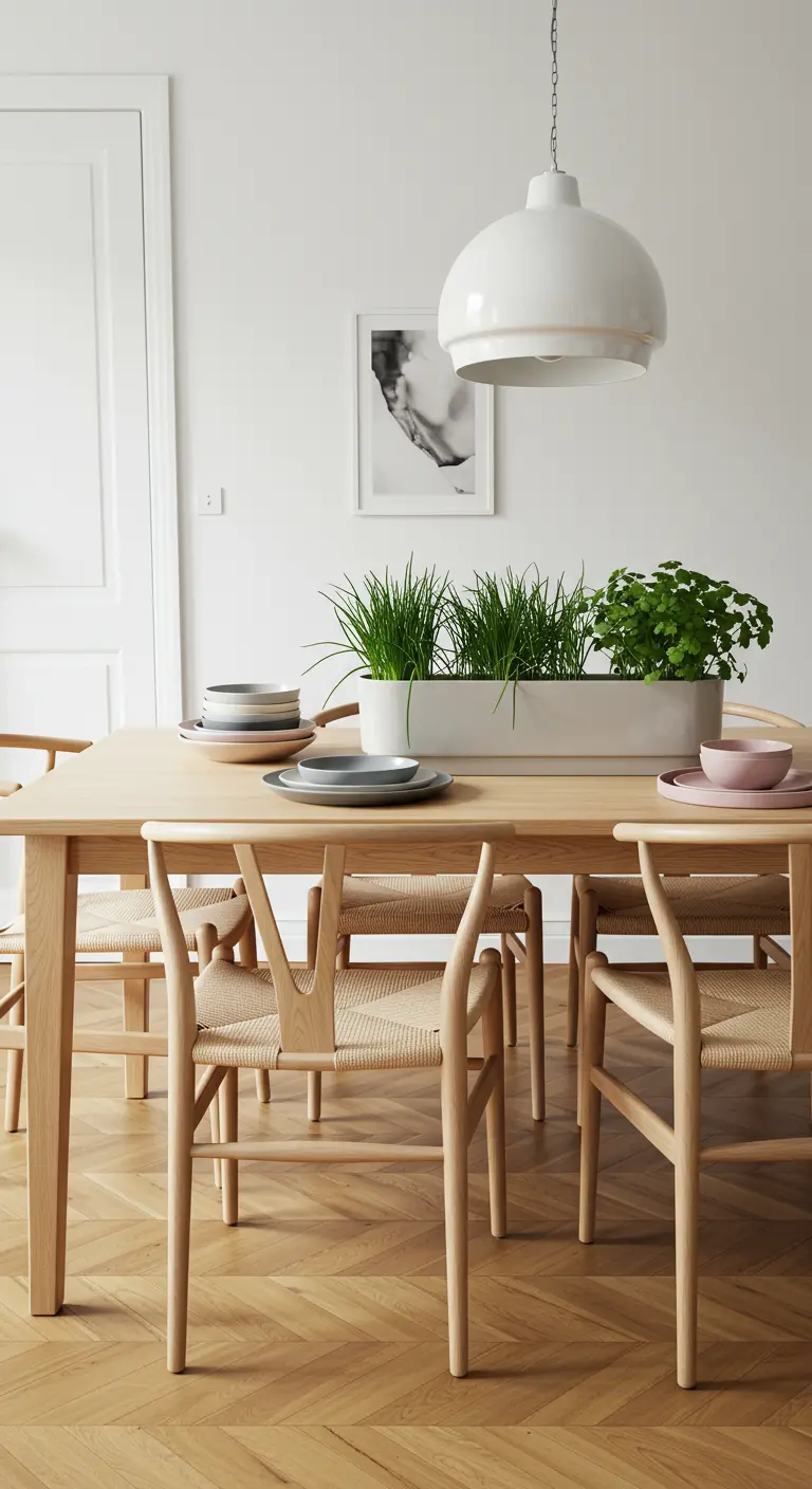 Table en bois clair de style scandinave avec une longue jardinière blanche d'herbes aromatiques.