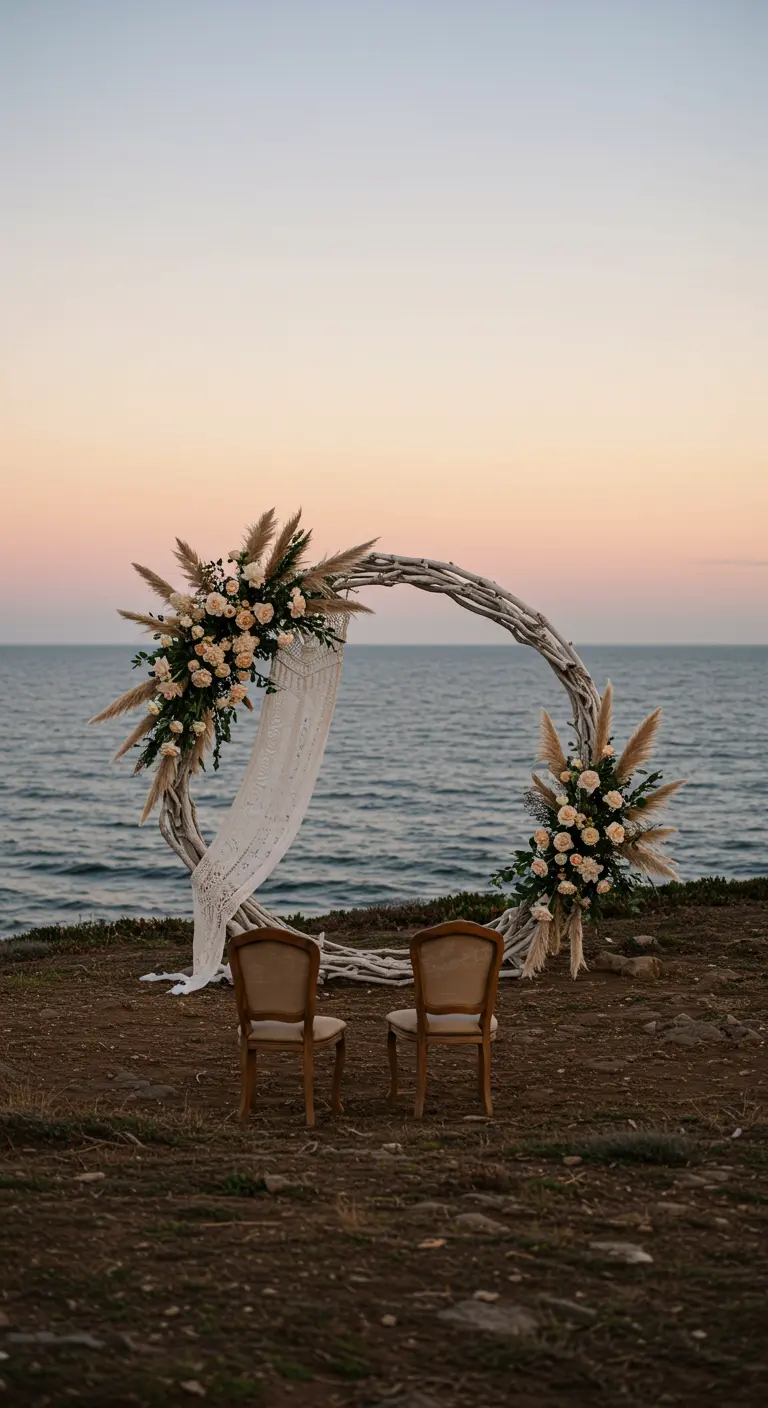 Arche circulaire blanche avec pampas et roses au bord de la mer au crépuscule.