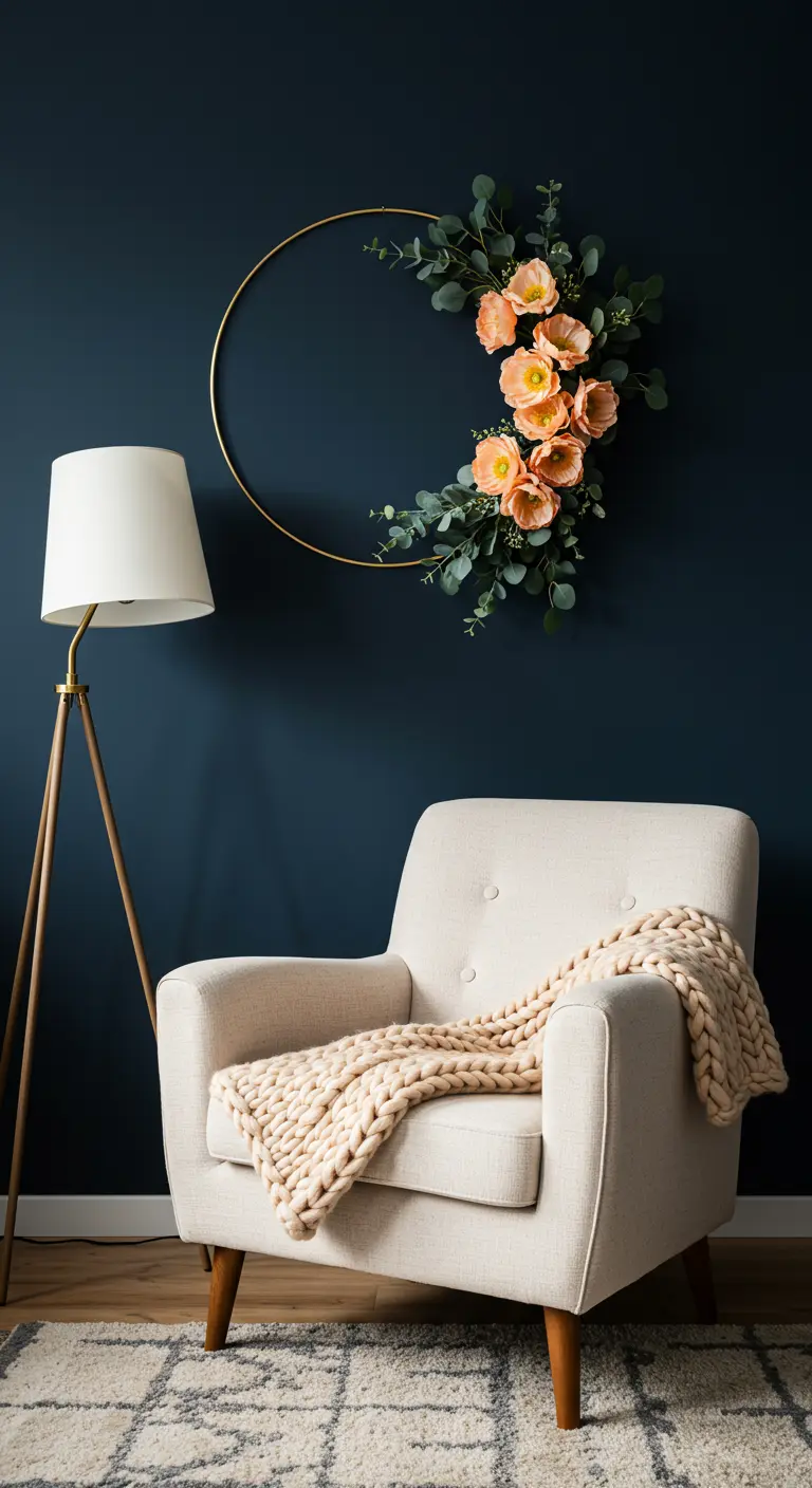 Couronne minimaliste dorée avec eucalyptus et coquelicots sur un mur bleu nuit.