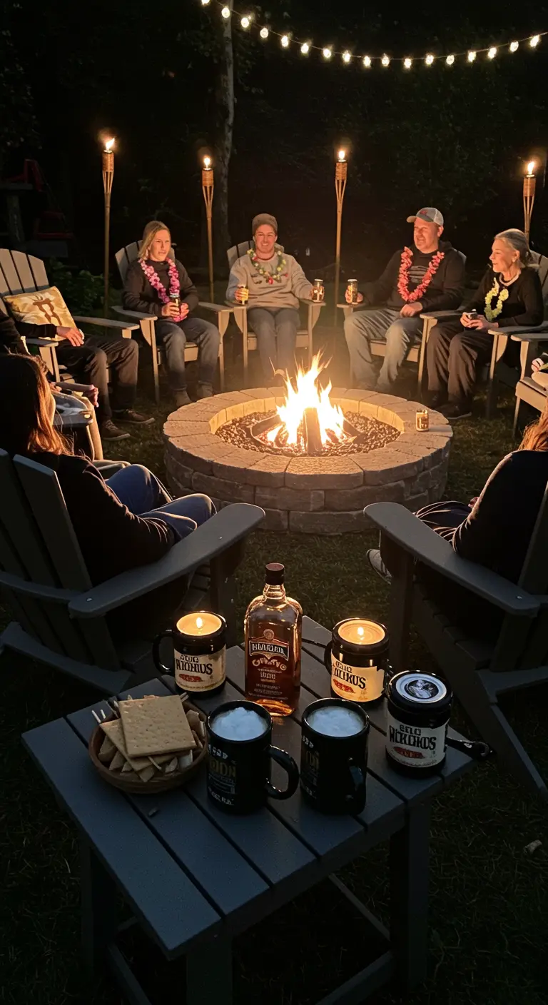 Amis portant des colliers de fleurs, assis autour d'un feu de camp la nuit.