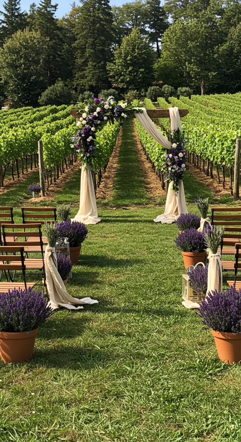 Arche de mariage dans un vignoble, avec des pots de lavande bordant l'allée.