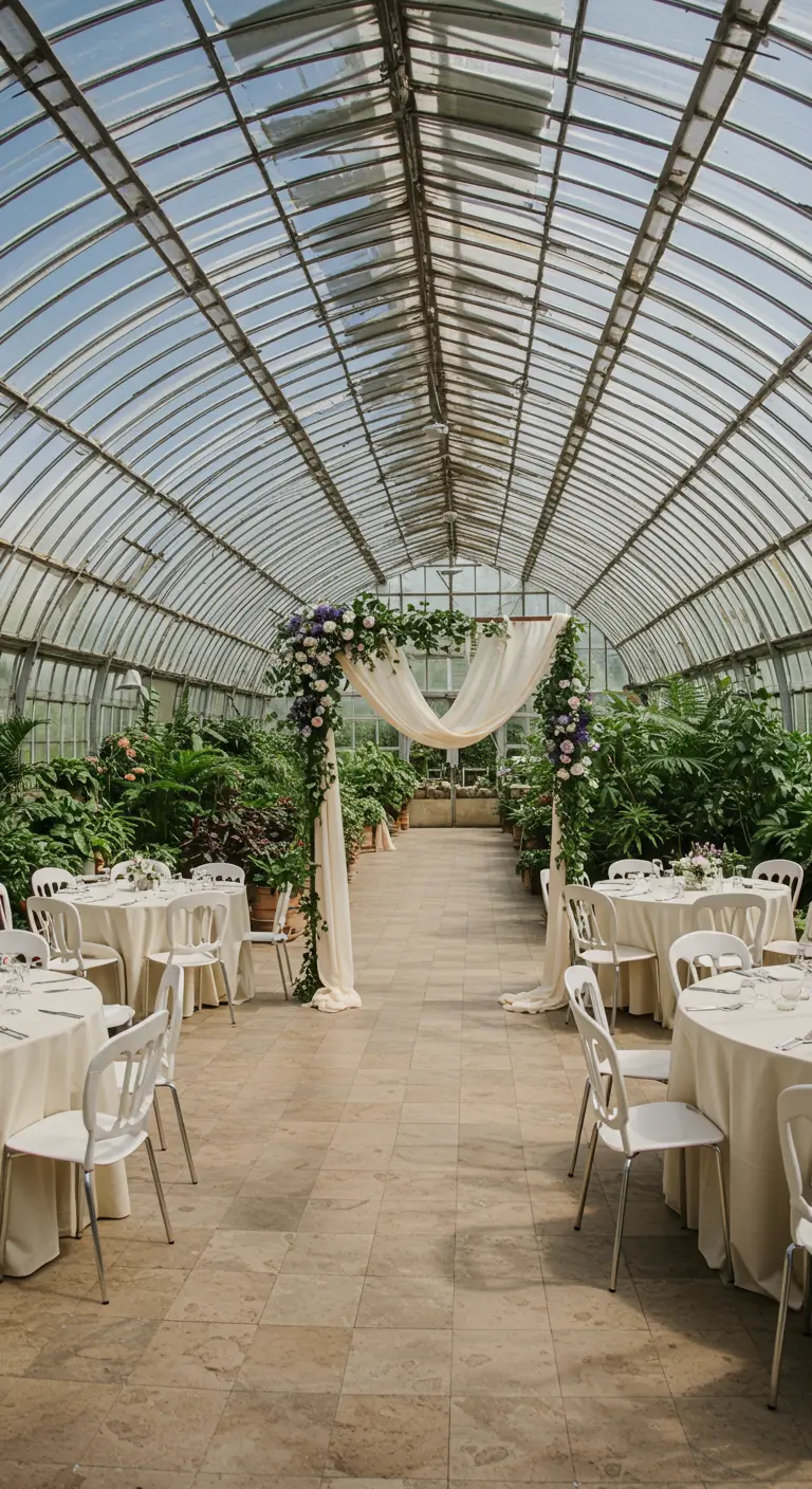 Tables de mariage et arche de cérémonie installées dans une grande serre lumineuse.