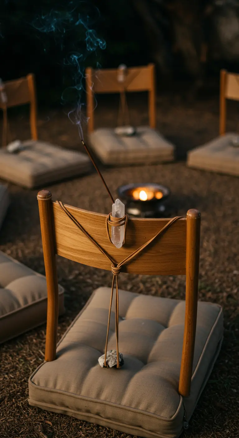 Chaise basse en bois avec un cristal de quartz attaché par un cordon en cuir.