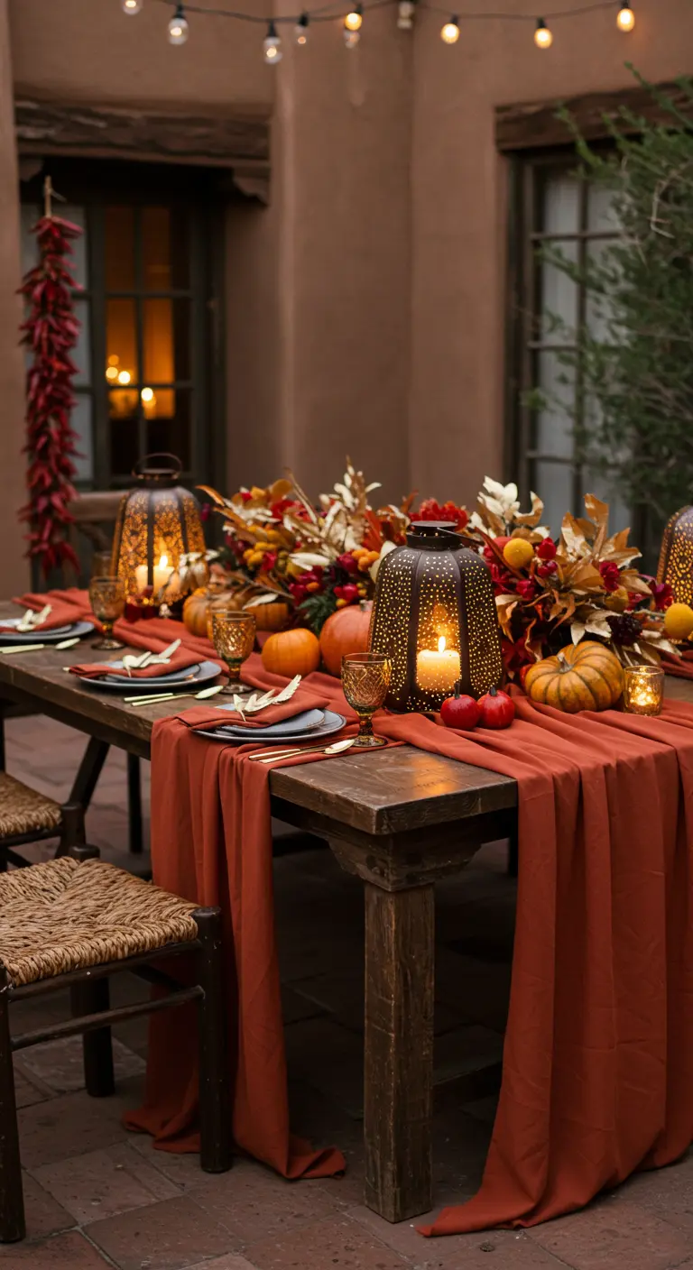 Table en bois avec un chemin de table rouille et des lanternes orientales.