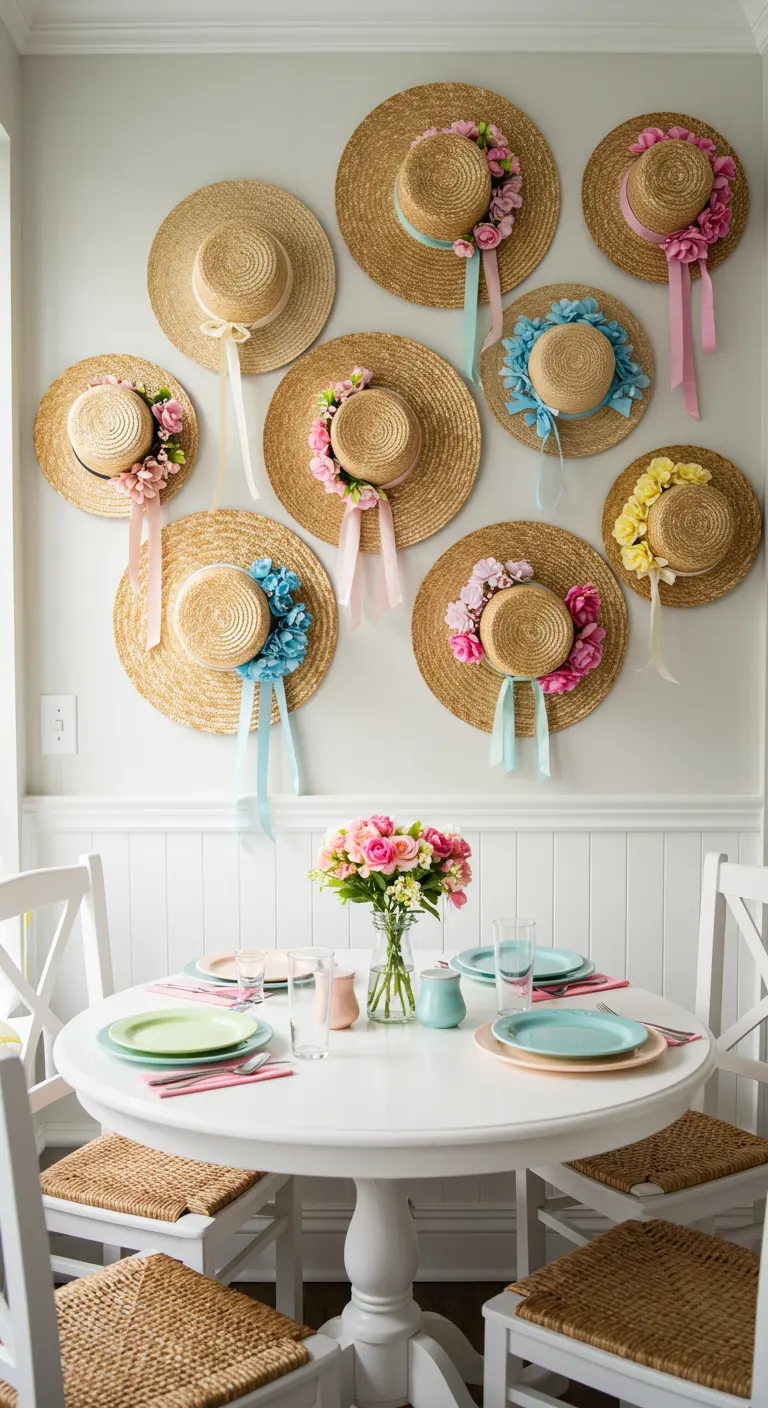 Collection de chapeaux de paille décorés de fleurs accrochés à un mur.