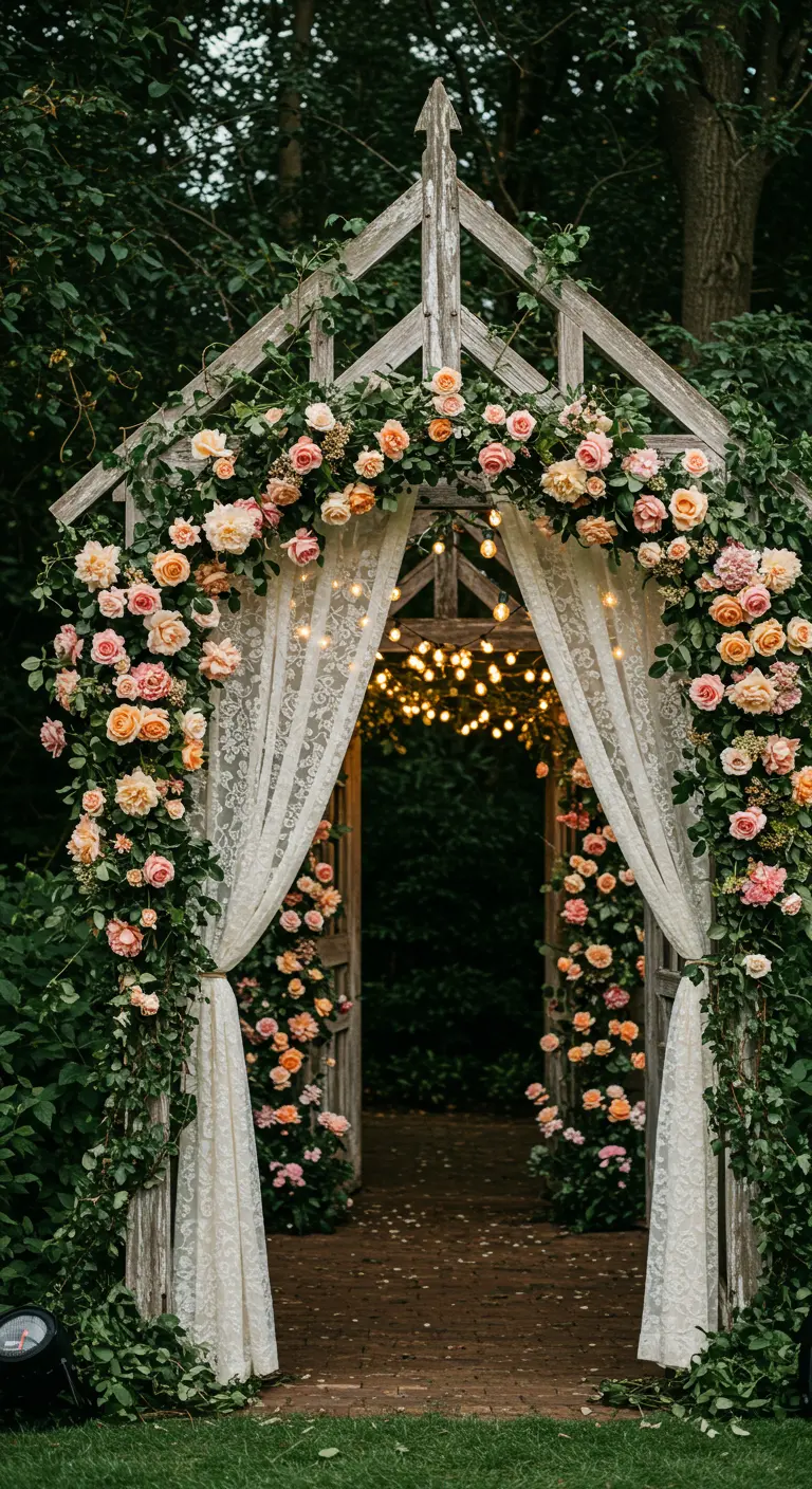 Arche en bois en forme de chapelle couverte de roses et de guirlandes.