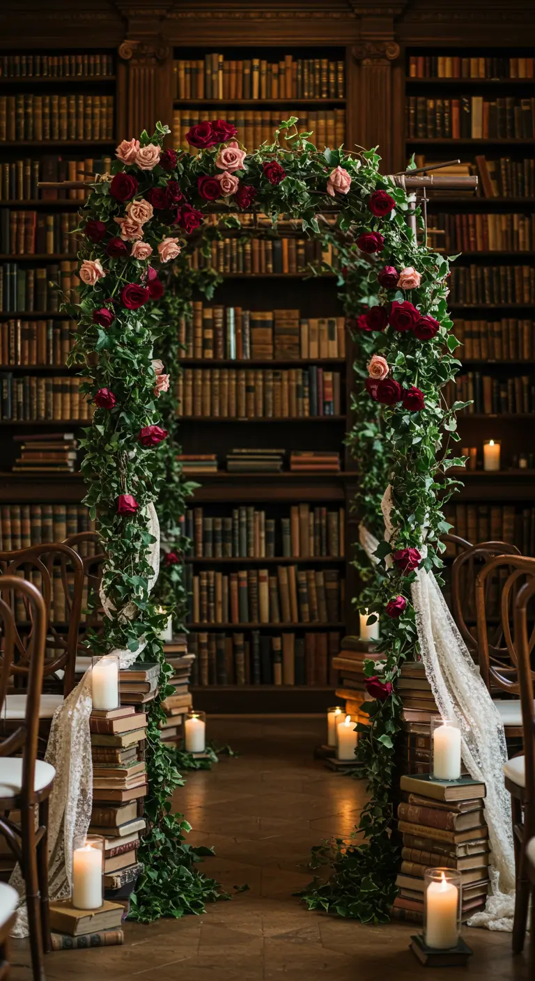 Arche florale devant une bibliothèque, posée sur des piles de livres anciens.