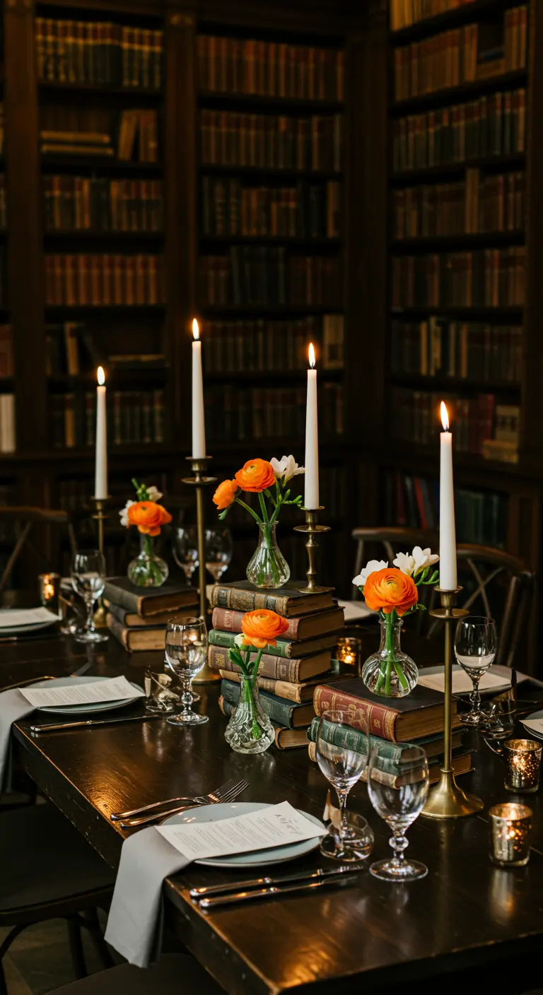 Piles de livres anciens servant de supports à des petits vases et des chandeliers.