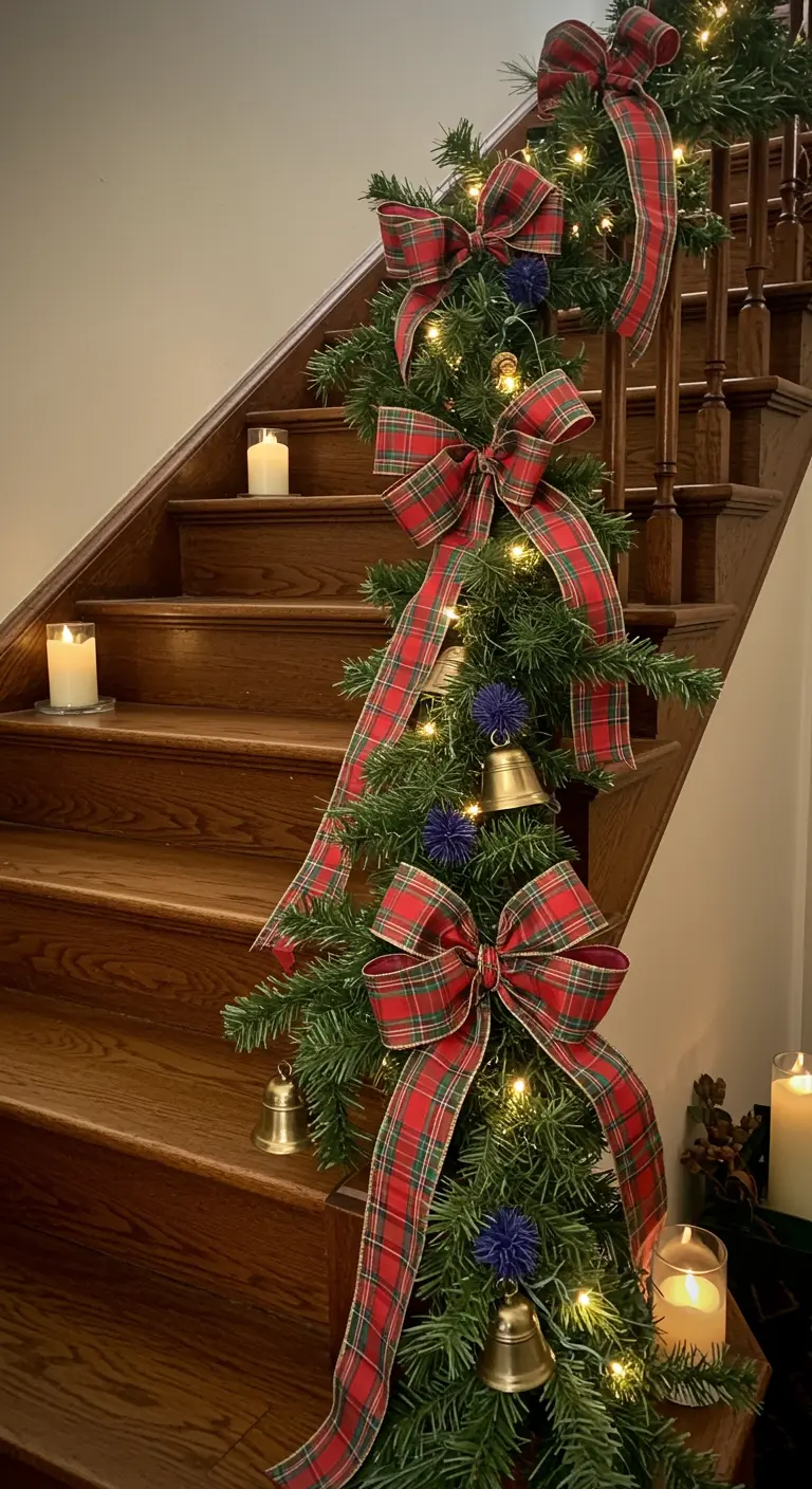 Guirlande de sapin sur un escalier en bois, ornée de nœuds en tartan et de clochettes dorées.