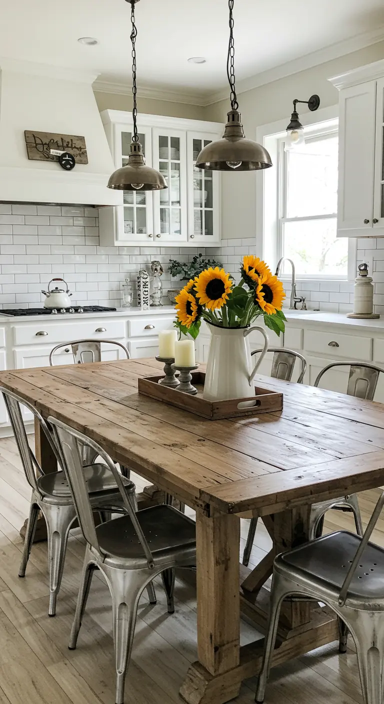 Table de cuisine en bois avec un pichet de tournesols et des chaises en métal.