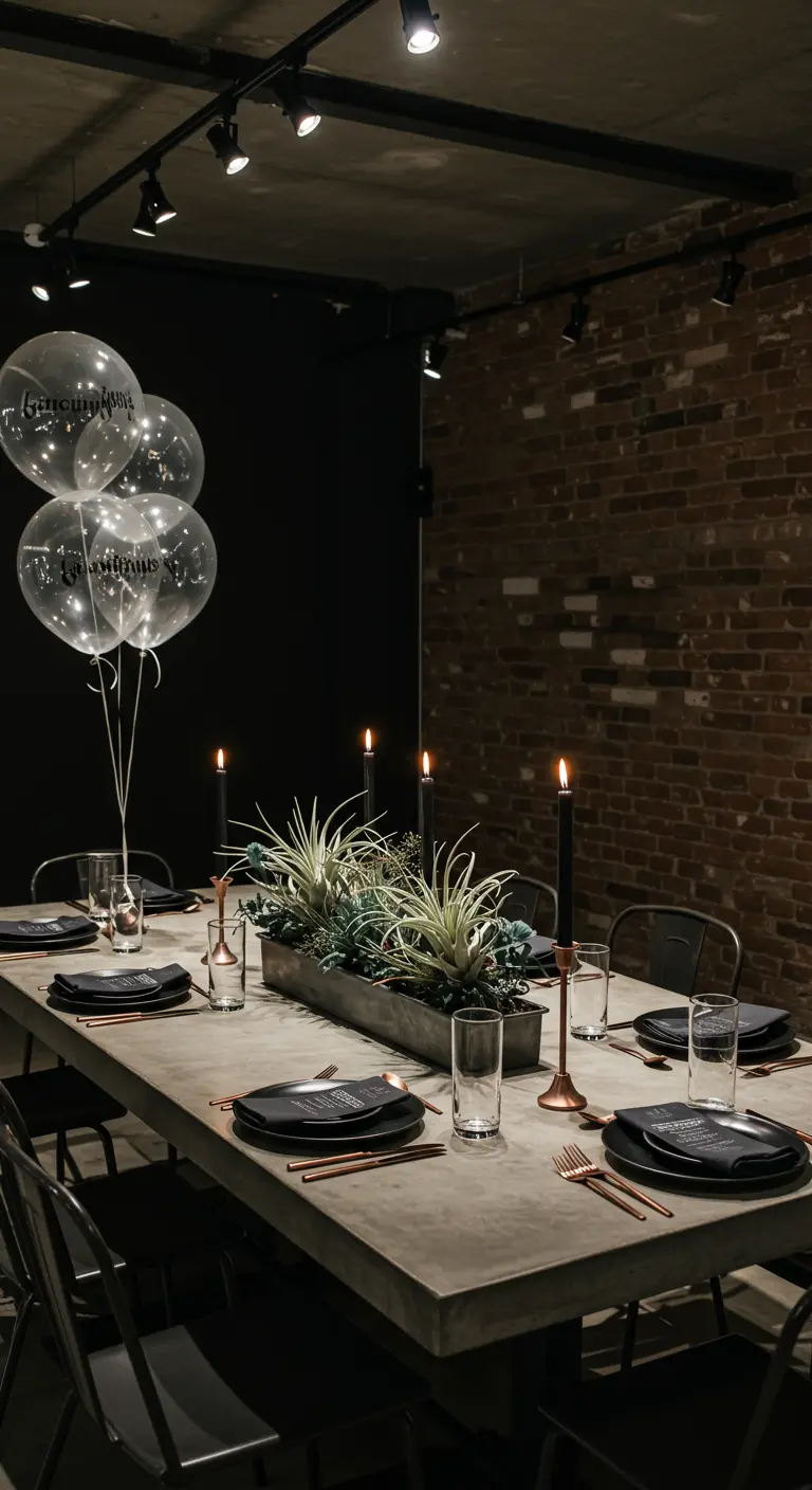 Table de style industriel avec centre de table de plantes aériennes et ballons transparents.