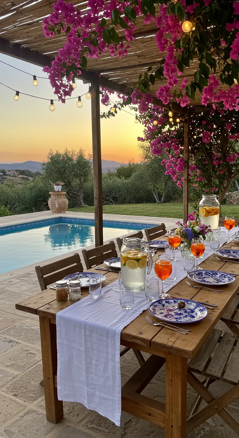 Table en bois sous une pergola fleurie de bougainvilliers, au coucher du soleil.