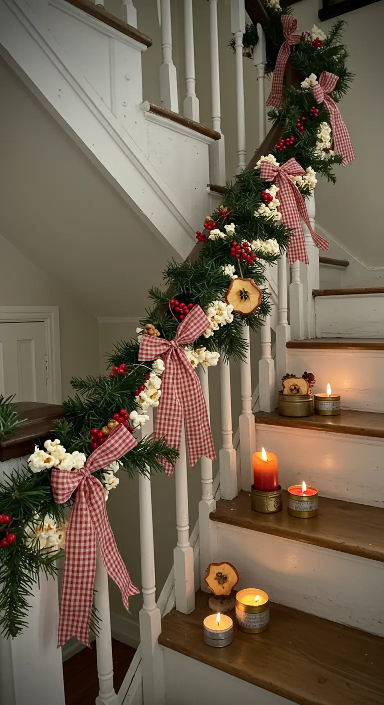 Guirlande de sapin décorée de guirlandes de popcorn, de nœuds en vichy et de pommes séchées.