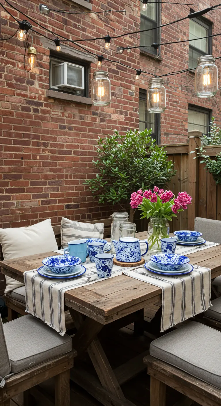 Table en bois dans une cour en briques, avec de la vaisselle bleue et blanche et des lumières suspendues