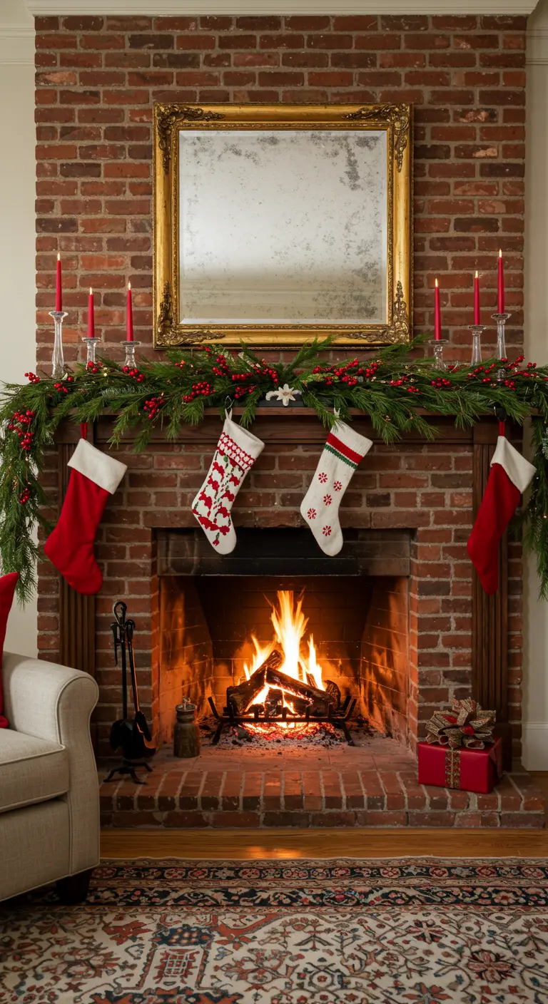 Cheminée en brique avec un grand miroir doré, des chaussettes de Noël et une guirlande de sapin.