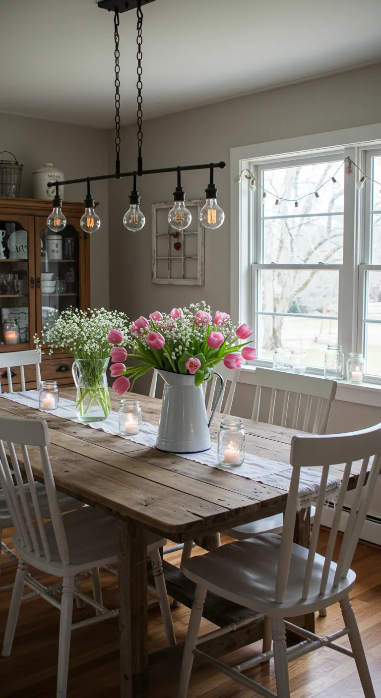 Une table de salle à manger en bois rustique décorée de pichets de tulipes et de bougies.