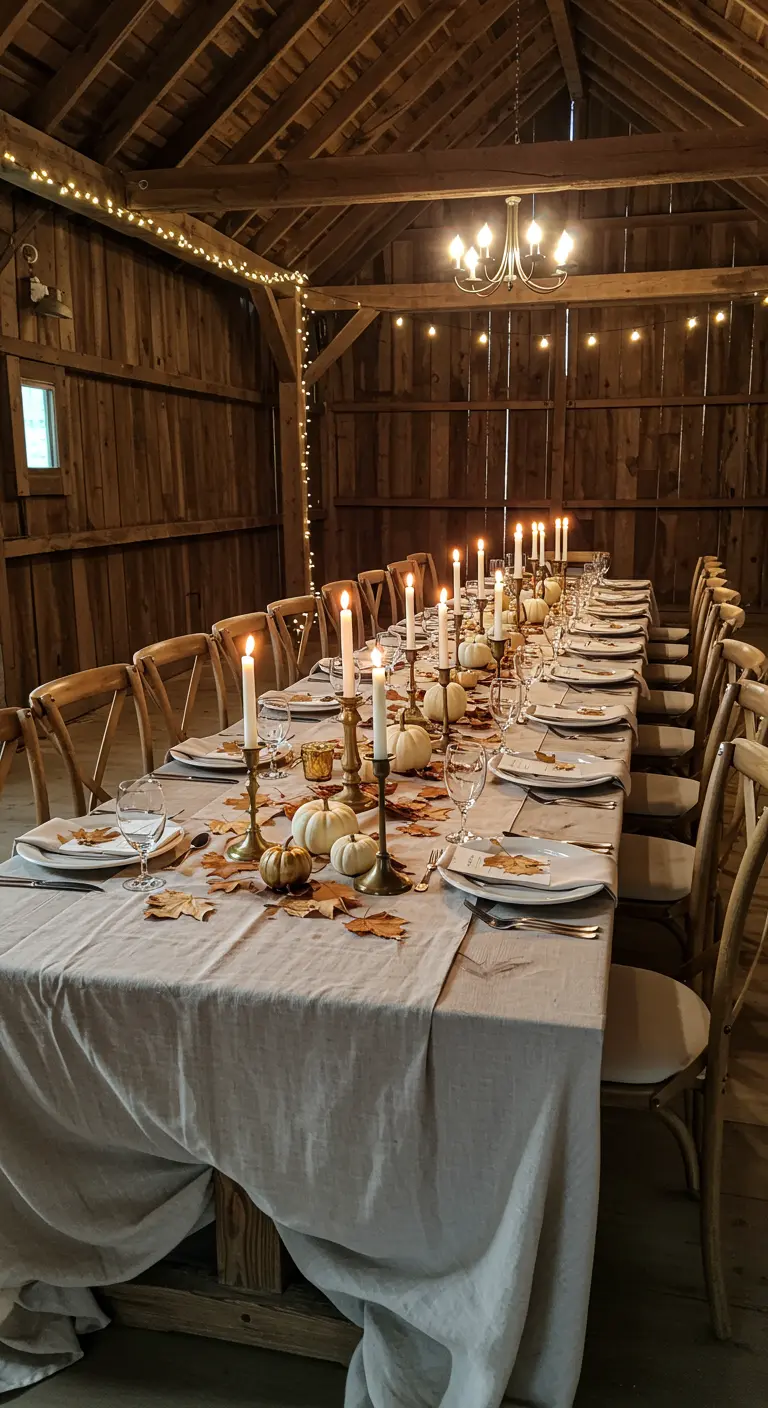 Table de dîner rustique dans une grange avec bougies et guirlandes.